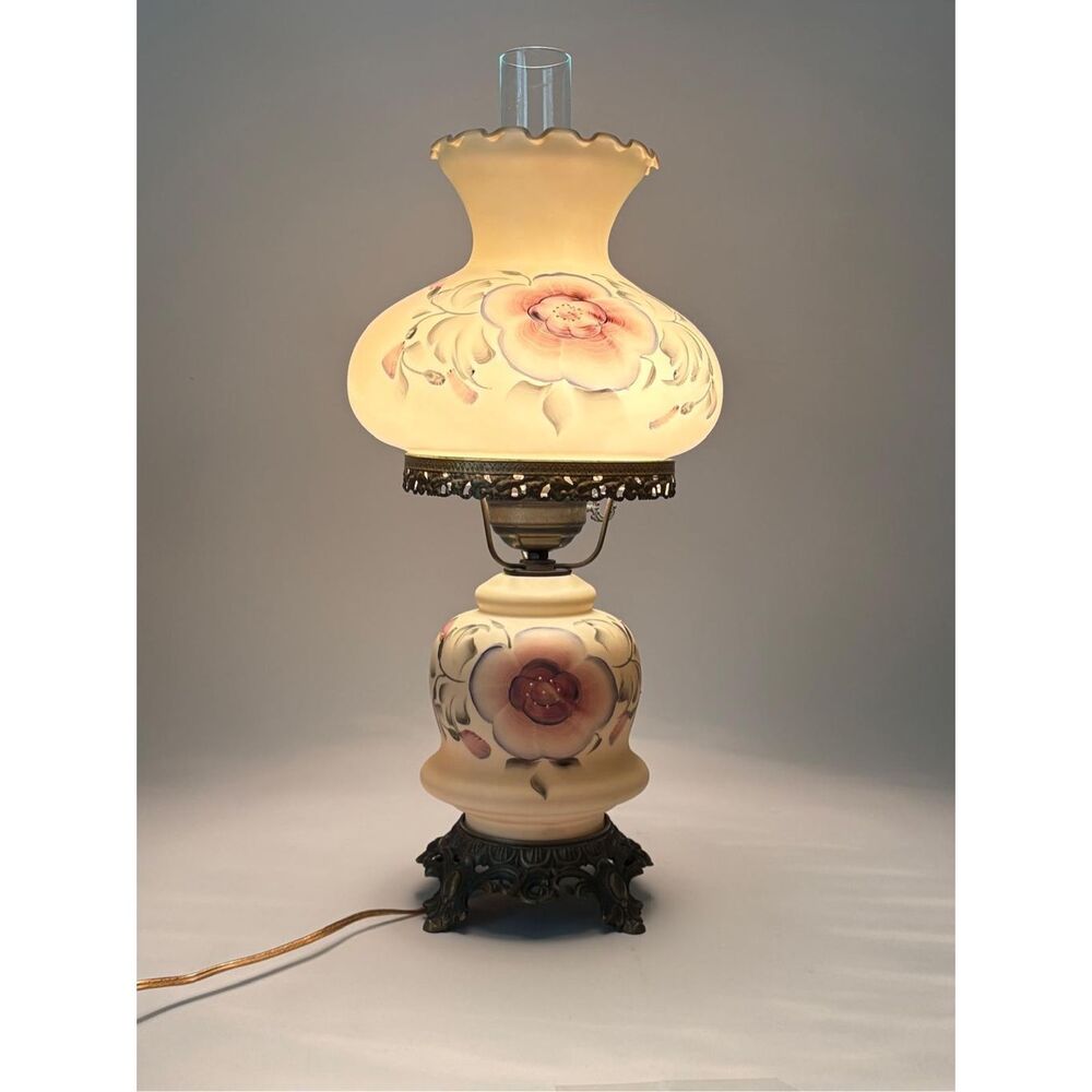 Vtg 3-Way Table Parlor Lamp Handpainted Floral GWTW Brass Glass 23" T Hurricane